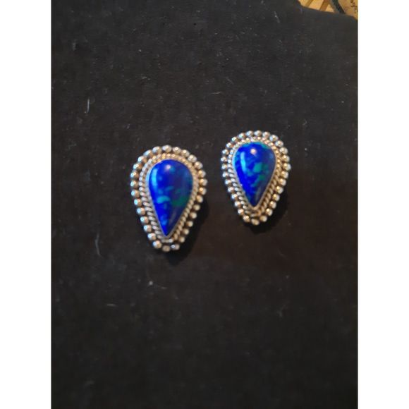 Azurite Lapis Sterling Silver Teardrop Solitaire Earrings - Picture 2 of 6